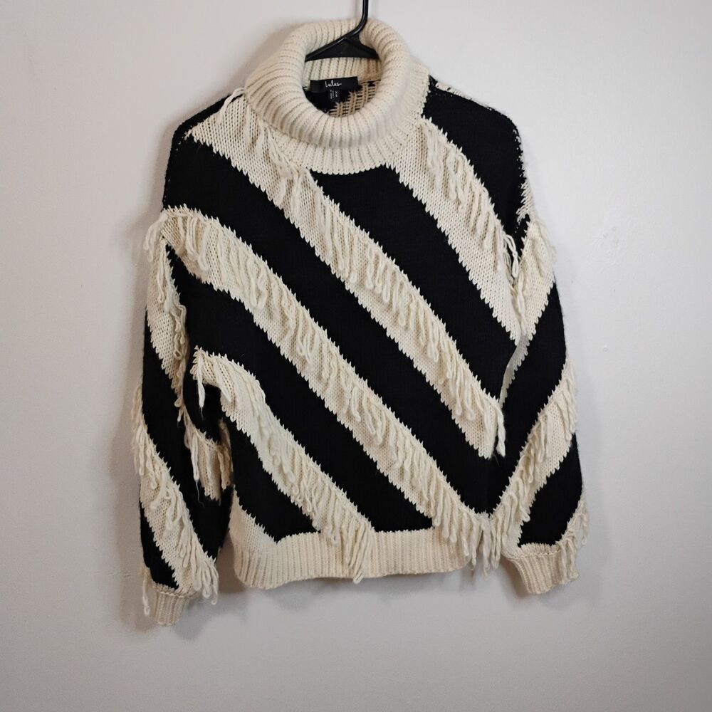 Black & White Candy Cane Striped Knit Sweater Fringe Turtleneck Beatnik Paris Xs - Picture 1 of 9